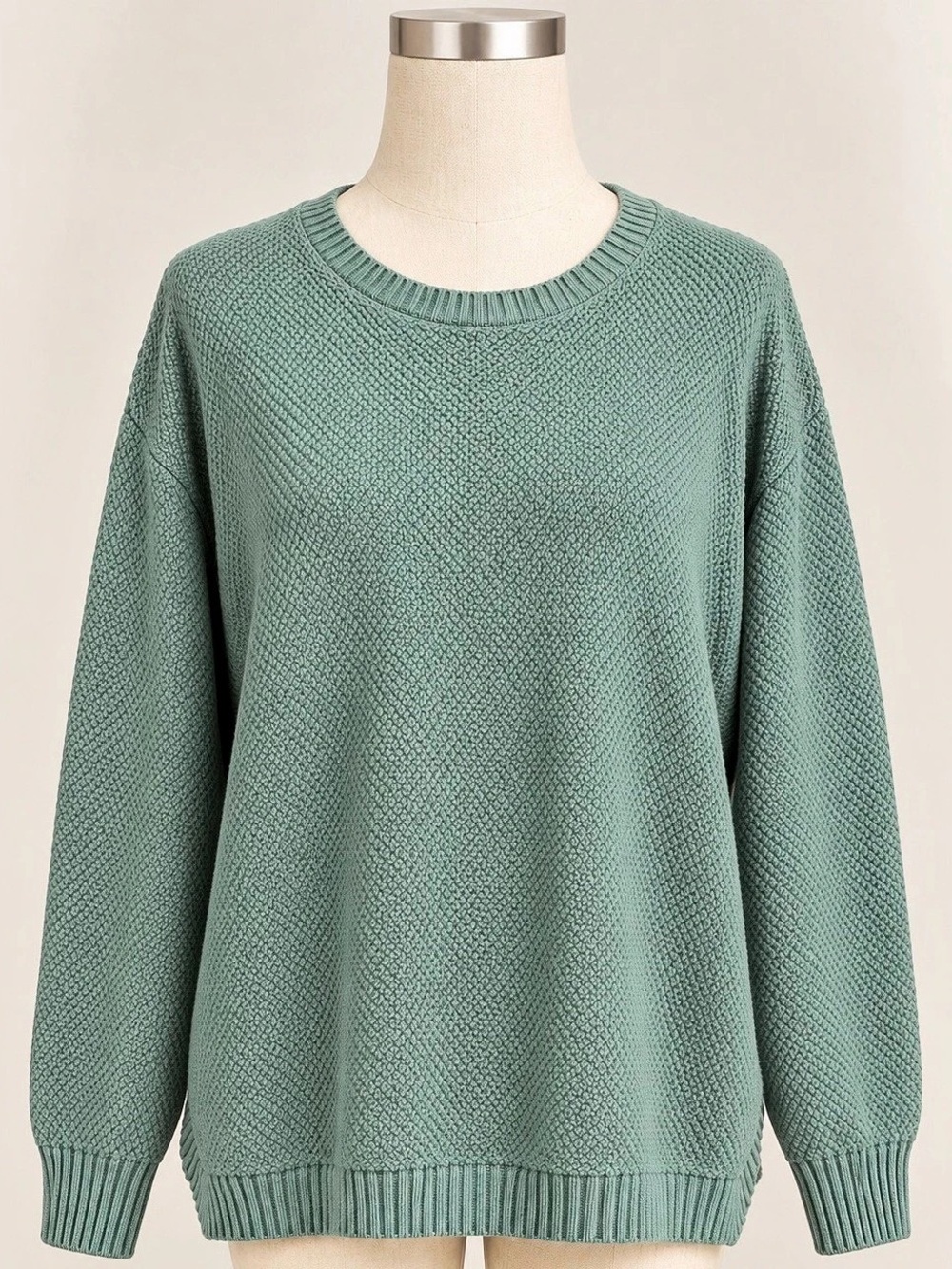 MEROKEETY Women’s L Sage Green Textured Knit Crewneck Pullover Sweater